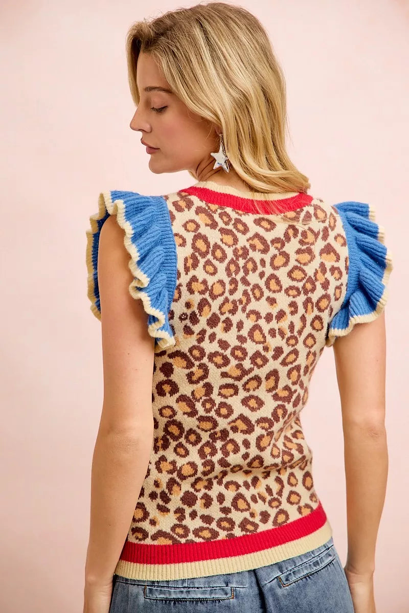 Red and blue leopard print knit top with ruffled details by Trendsi, perfect for 4th of July celebrations.