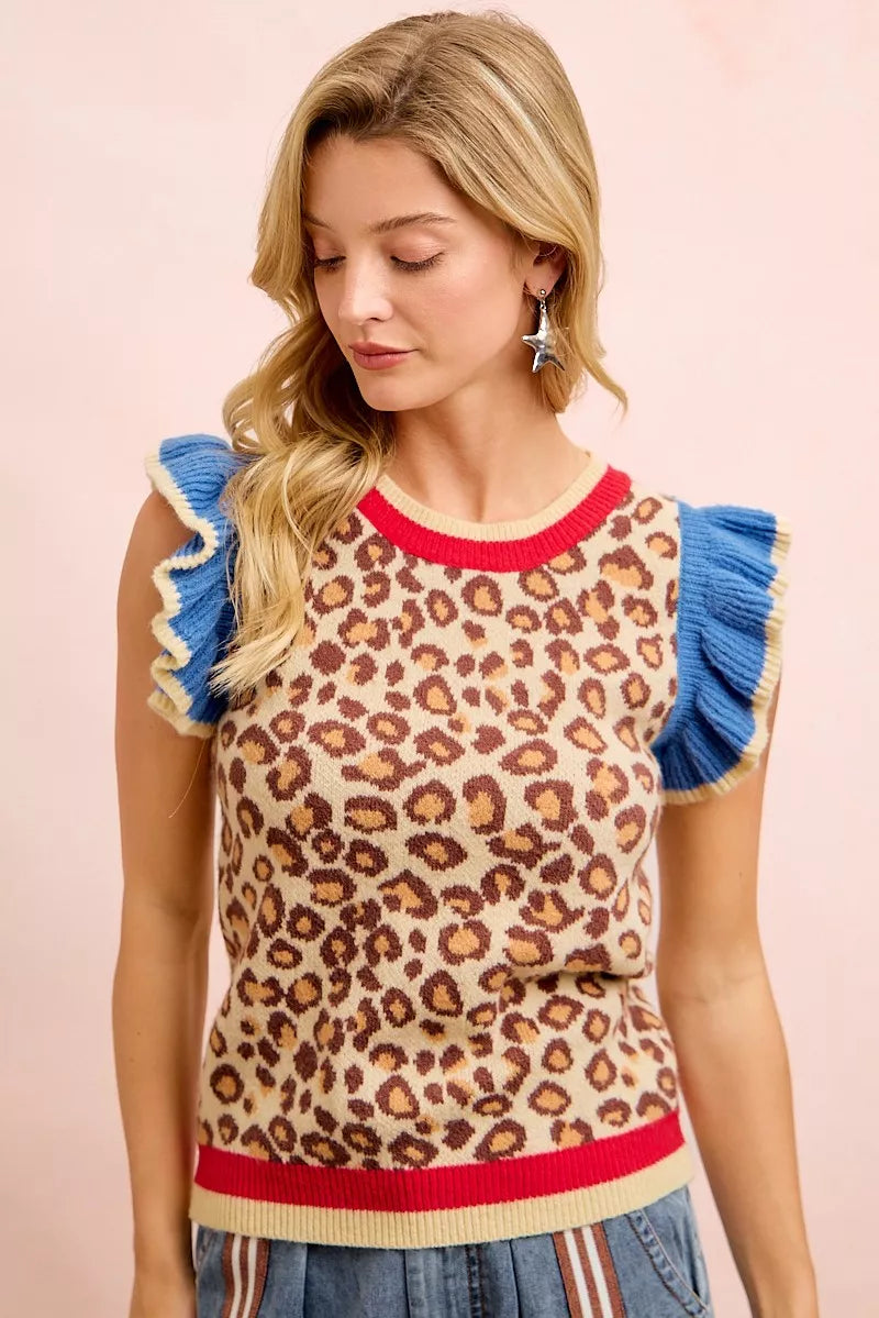 Red, white, and blue leopard print knit top with ruffled details from Trendsi's BiBi 4th of July collection.