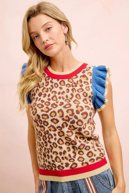 Red and blue leopard print knit top with ruffled details from Trendsi's BiBi 4th of July collection.