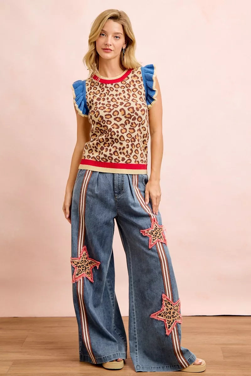 Red and blue leopard print knit top with ruffled details from BiBi's 4th of July collection by Trendsi.