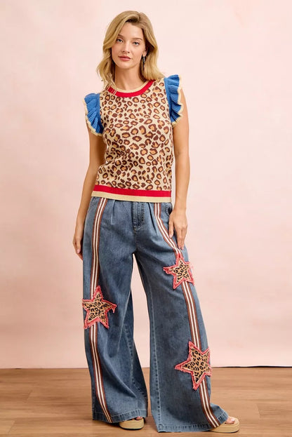 Red and blue leopard print knit top with ruffled details from BiBi's 4th of July collection by Trendsi.
