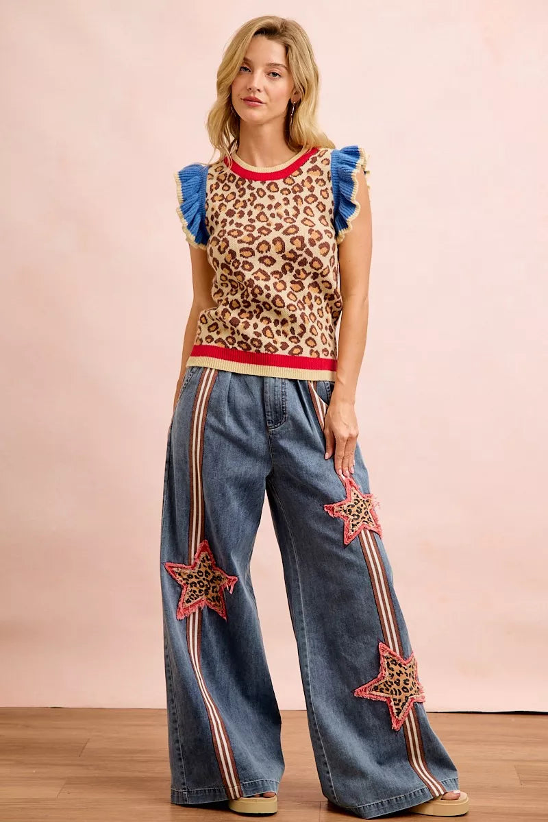Red and blue leopard print knit top with ruffled details from Trendsi's BiBi 4th of July collection.