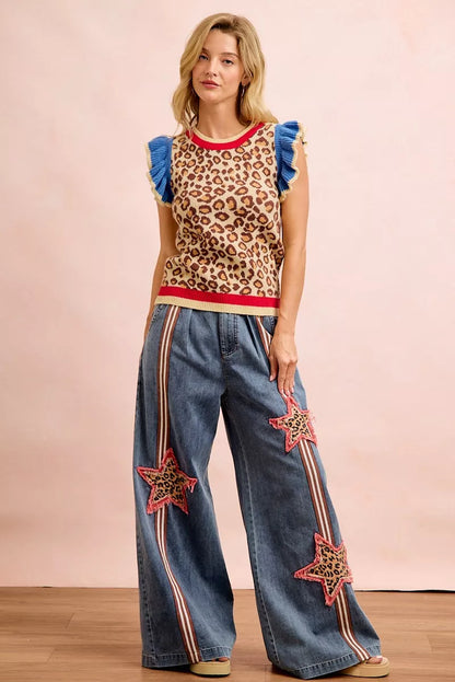 Red and blue leopard print knit top with ruffled details from Trendsi's BiBi 4th of July collection.
