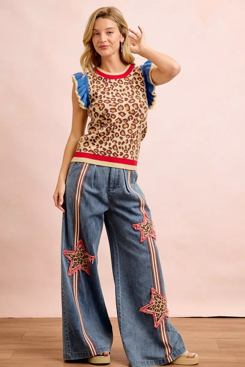 Red, blue, and white leopard knit top with ruffled details from Trendsi's BiBi 4th of July collection.