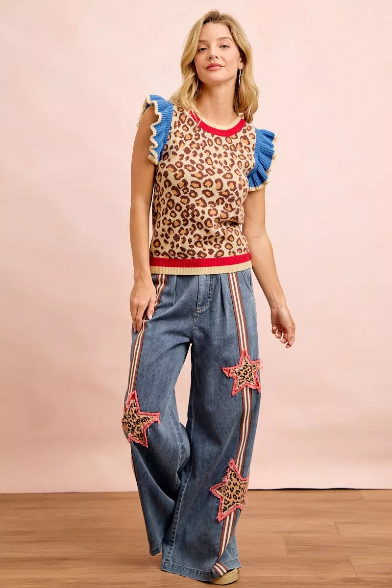 Red, blue, and leopard print knit top with ruffled details from Trendsi's BiBi 4th of July collection.