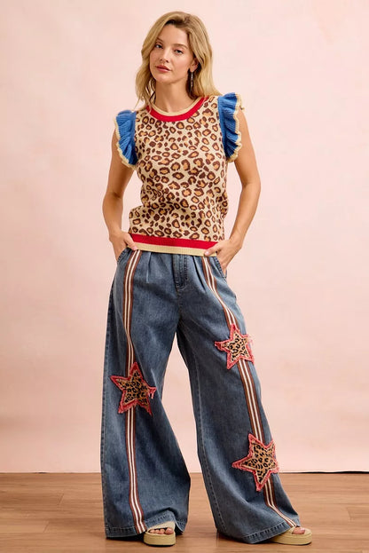 Red, blue, and leopard print knit top with ruffled details from Trendsi's BiBi 4th of July collection.