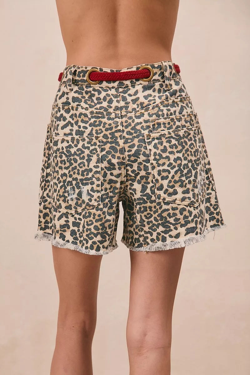 Leopard print shorts with braided waist belt and patch pockets, Trendsi women's fashion shorts with bold animal print design.