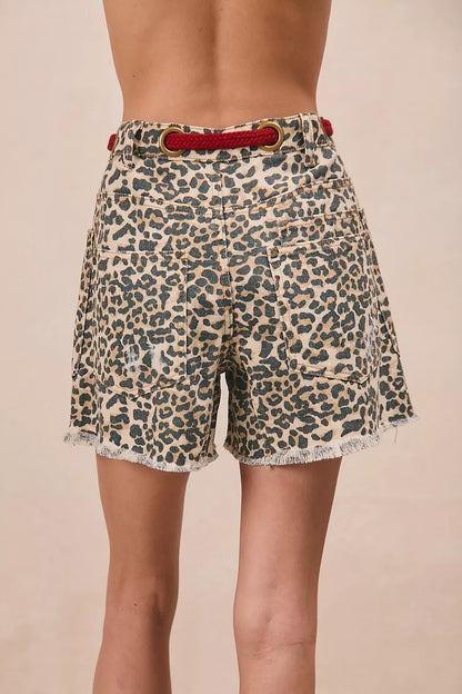 Leopard print shorts with braided waist belt and patch pockets, Trendsi women's fashion shorts with bold animal print design.
