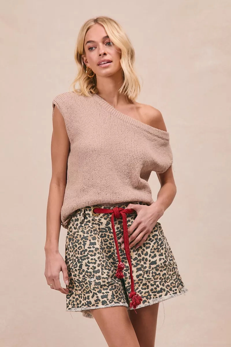 Leopard print shorts by Trendsi featuring a BiBi braided waist belt and patch pockets, stylish and casual for warm weather.