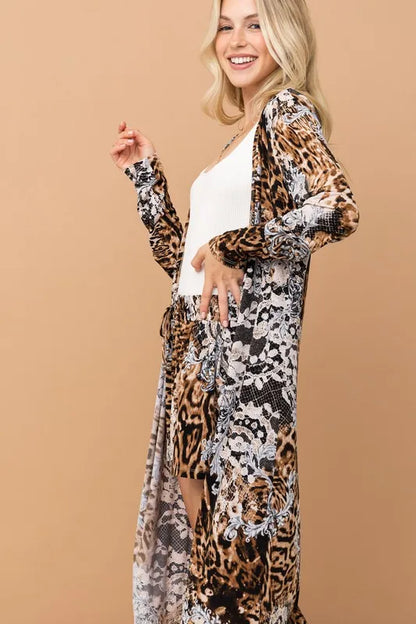 Leopard print kimono and matching shorts set from Trendsi featuring animal print fabric and relaxed fit for stylish comfort.