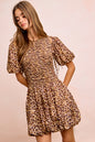 Trendi BiBi leopard dress with attachable bow tie and puff sleeves, featuring a stylish animal print and feminine design.