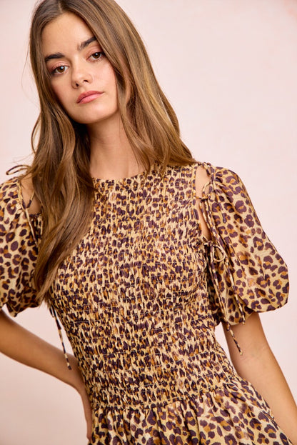 Trendsi BiBi leopard bow tie attachable puff sleeves dress, stylish dress with leopard print and puffed sleeves.