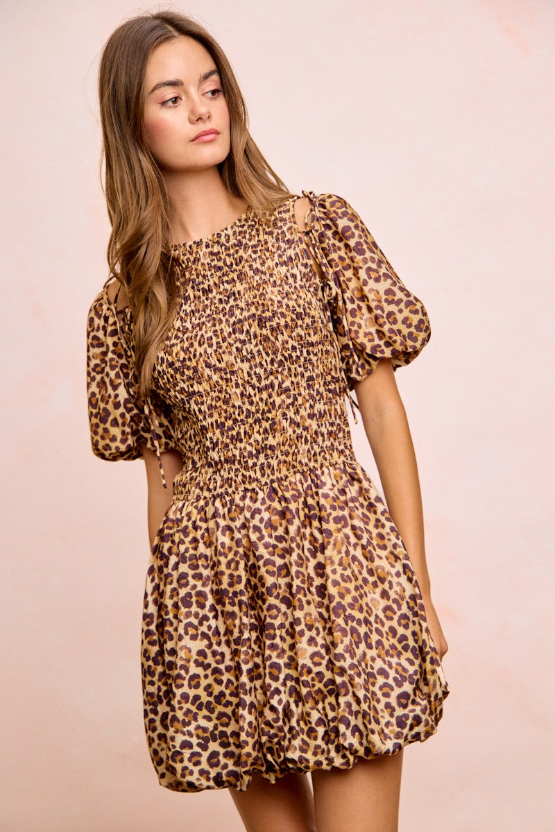 Trendsi BiBi leopard bow tie attachable puff sleeves dress, stylish animal print with puffed sleeves and bow detail.