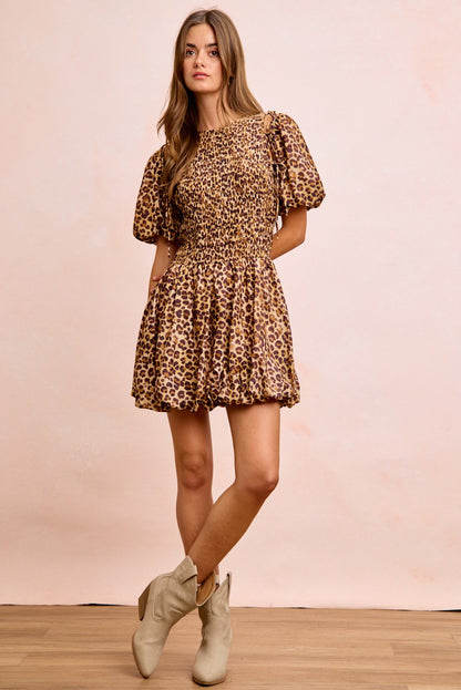 Trendsi BiBi Leopard Bow Tie Attachable Puff Sleeves Dress featuring leopard print, bow tie detail, and puff sleeves for stylish wear.