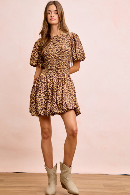 Trendi BiBi Leopard Bow Tie Attachable Puff Sleeves Dress featuring a leopard print, bow tie detail, and puff sleeves.