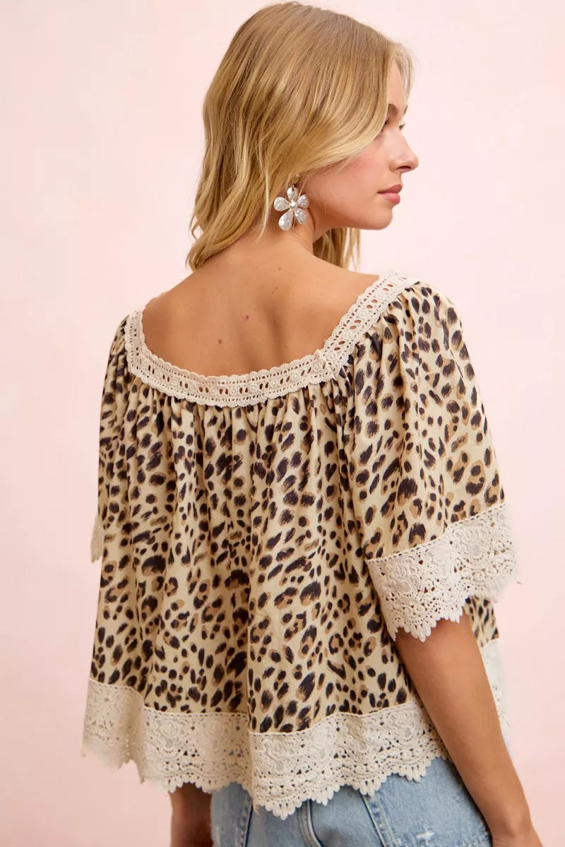 Leopard print lace mix and match square neckline top by Trendsi, featuring long sleeves and stylish design.
