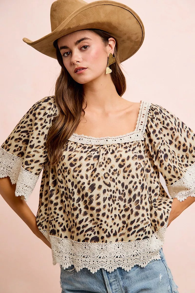 Trendsi BiBi Leopard lace mix and match square neckline top featuring leopard print fabric and lace details.