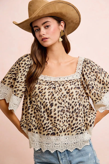 Trendsi BiBi Leopard lace mix and match square neckline top featuring leopard print fabric and lace details.