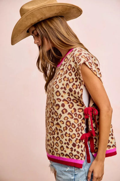 Leopard pattern BiBi sweater vest top with side ties, trendy and stylish, by Trendsi.