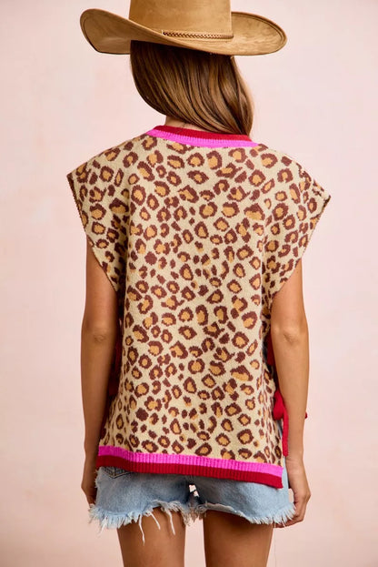 Trendsi BiBi leopard pattern side-tied sweater vest top featuring a stylish animal print and relaxed fit.