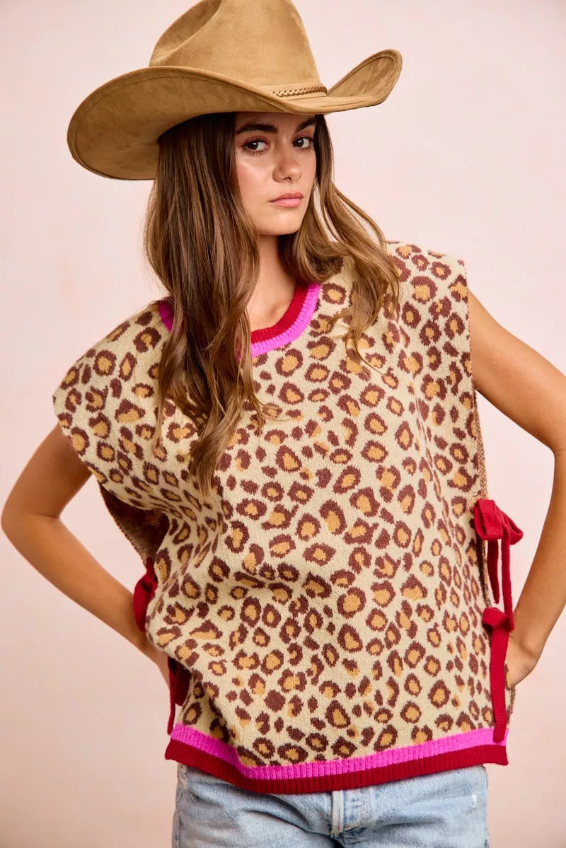 Trendsi BiBi leopard pattern side-tied sweater vest top, stylish sleeveless knit with animal print and tie detail at the side.