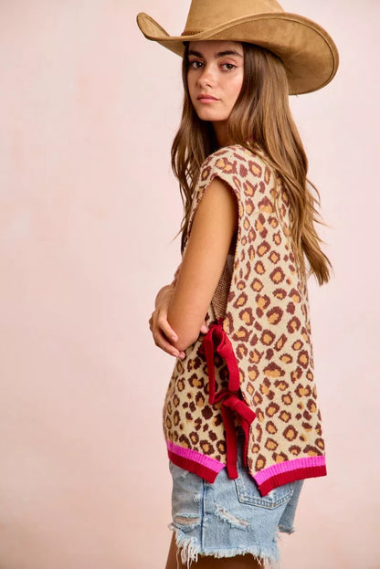 Leopard pattern BiBi sweater vest top with side ties, trendy sleeveless top from Trendsi, casual and stylish women's fashion.