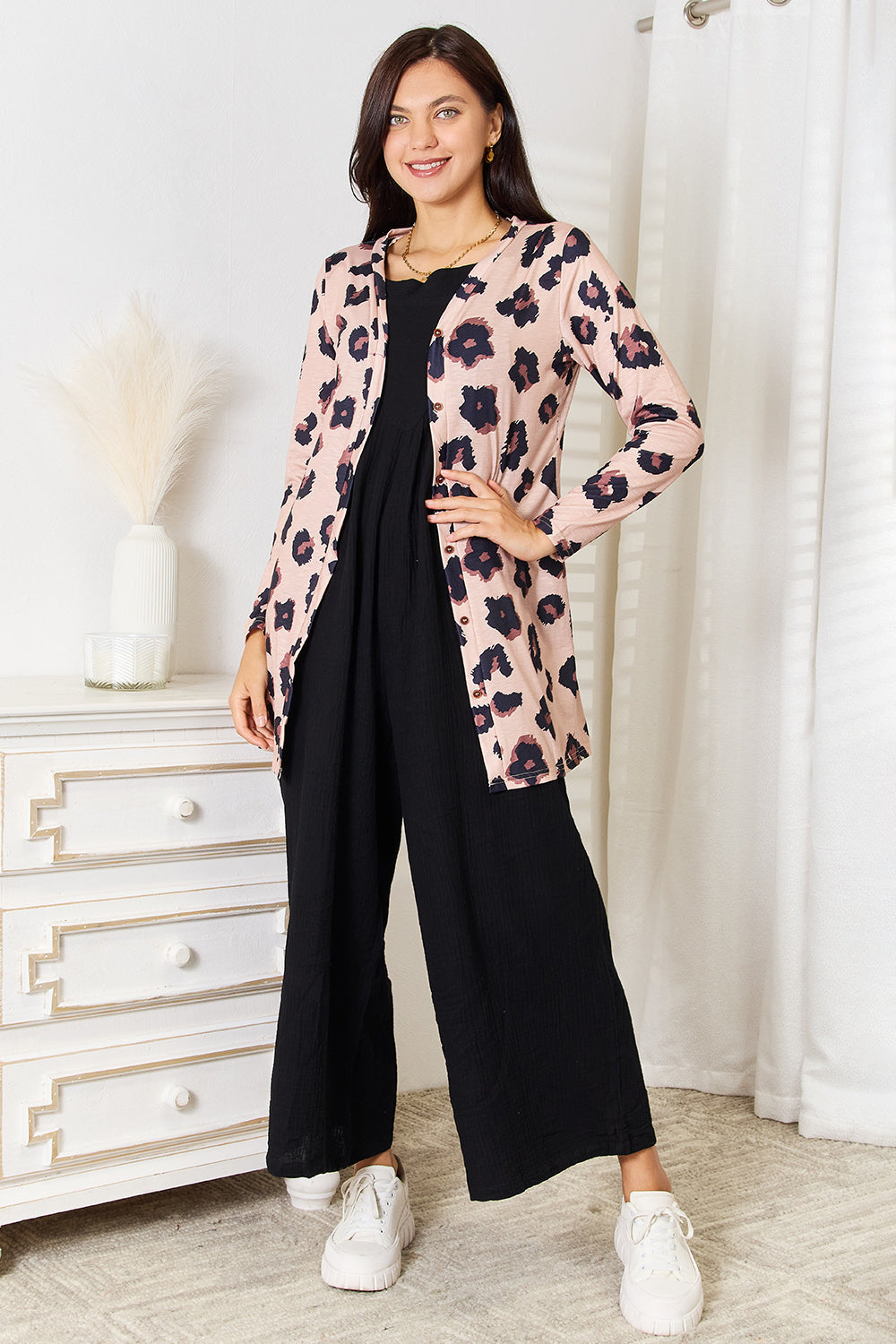 Leopard print double take printed longline cardigan with button front from Trendsi, styled with sleeves and open front detail.