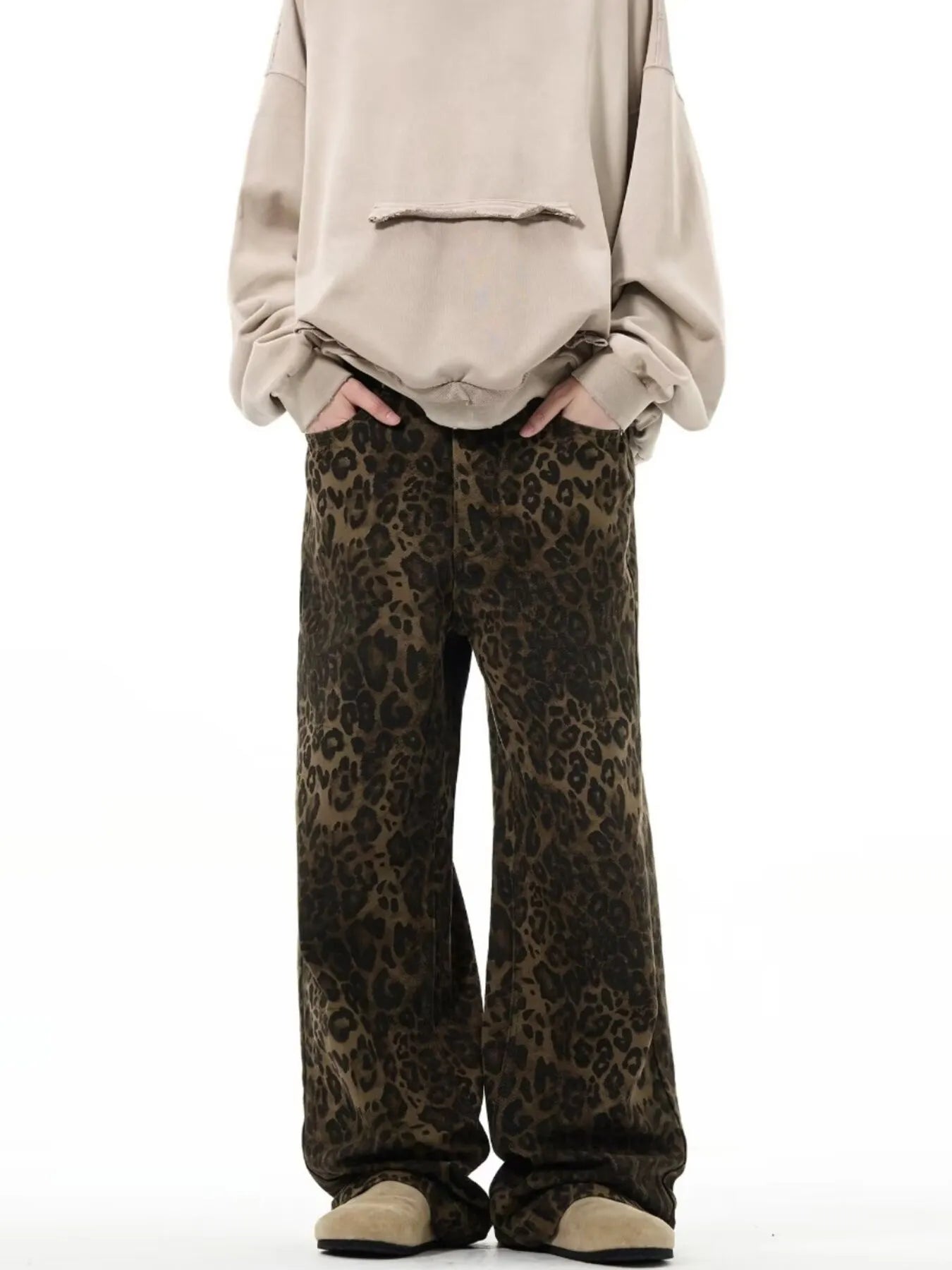 Men's full-size leopard print wide-leg jeans by Trendsi, featuring bold animal print fabric and relaxed fit for a stylish look.