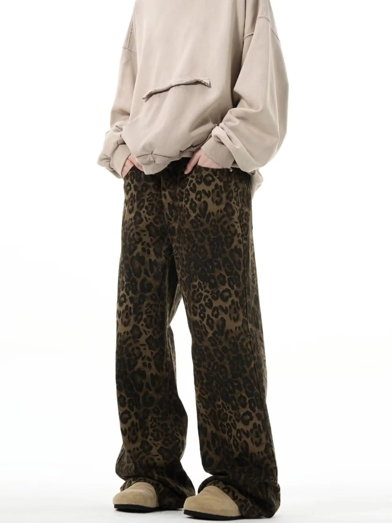 Men's full-size leopard print wide-leg jeans by Trendsi, featuring bold leopard pattern and relaxed fit in plus size.