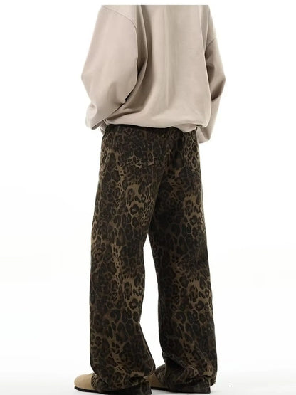 Men's full-size leopard print wide-leg jeans by Trendsi, featuring a bold leopard pattern and relaxed fit for stylish comfort.