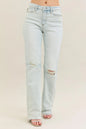 Plus size Judy Blue bootcut jeans with distressed and frayed hem, showcasing a full-length view of the trendy destroy detail.