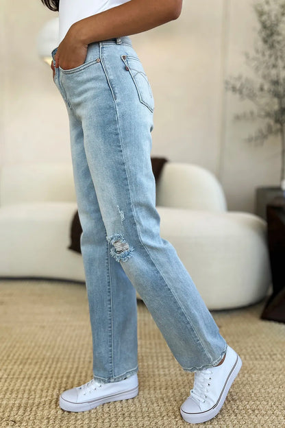 Light wash Judy Blue high waist distressed straight jeans with frayed hems and classic five-pocket design.