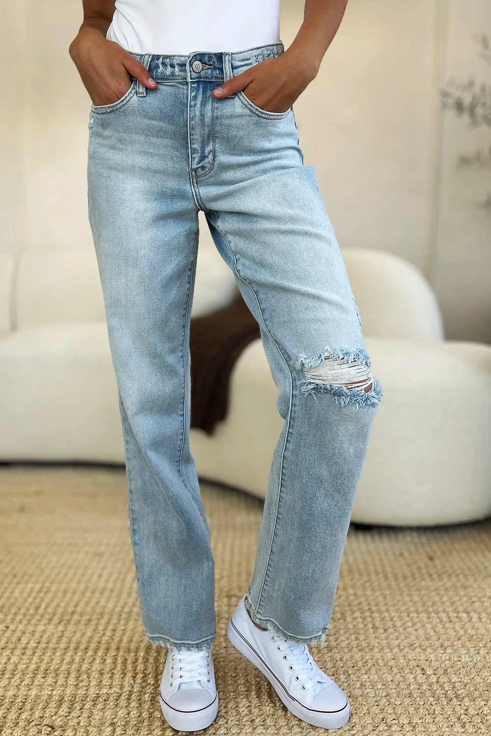 Light blue Judy Blue full-size high waist distressed straight jeans with rips, classic five-pocket design, and belt loops.