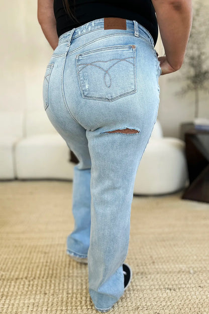 Light wash Judy Blue full-size high waist distressed straight jeans with frayed hems and ripped details, displayed on a plain background.