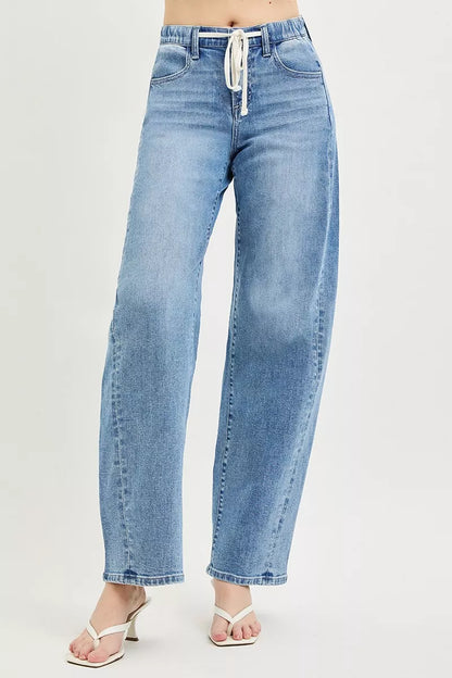 Light blue RISEN relaxed fit jeans with drawstring waist and classic five-pocket design, casual denim style by Trendsi.