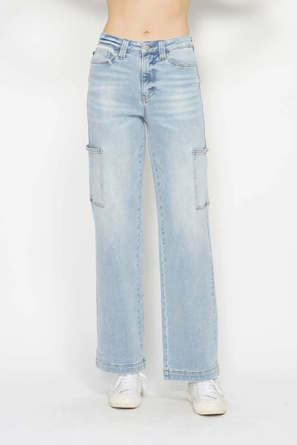 Light blue Judy Blue cargo jeans with a high waist and straight-leg fit, shown on a full-size model.