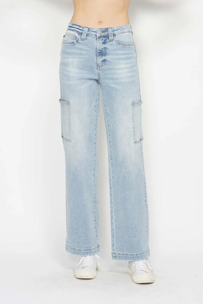 Light blue Judy Blue cargo jeans with a high waist and straight-leg fit, shown on a full-size model.