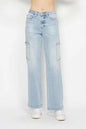 Light blue Judy Blue cargo jeans with a high waist and straight-leg fit, shown on a full-size model.