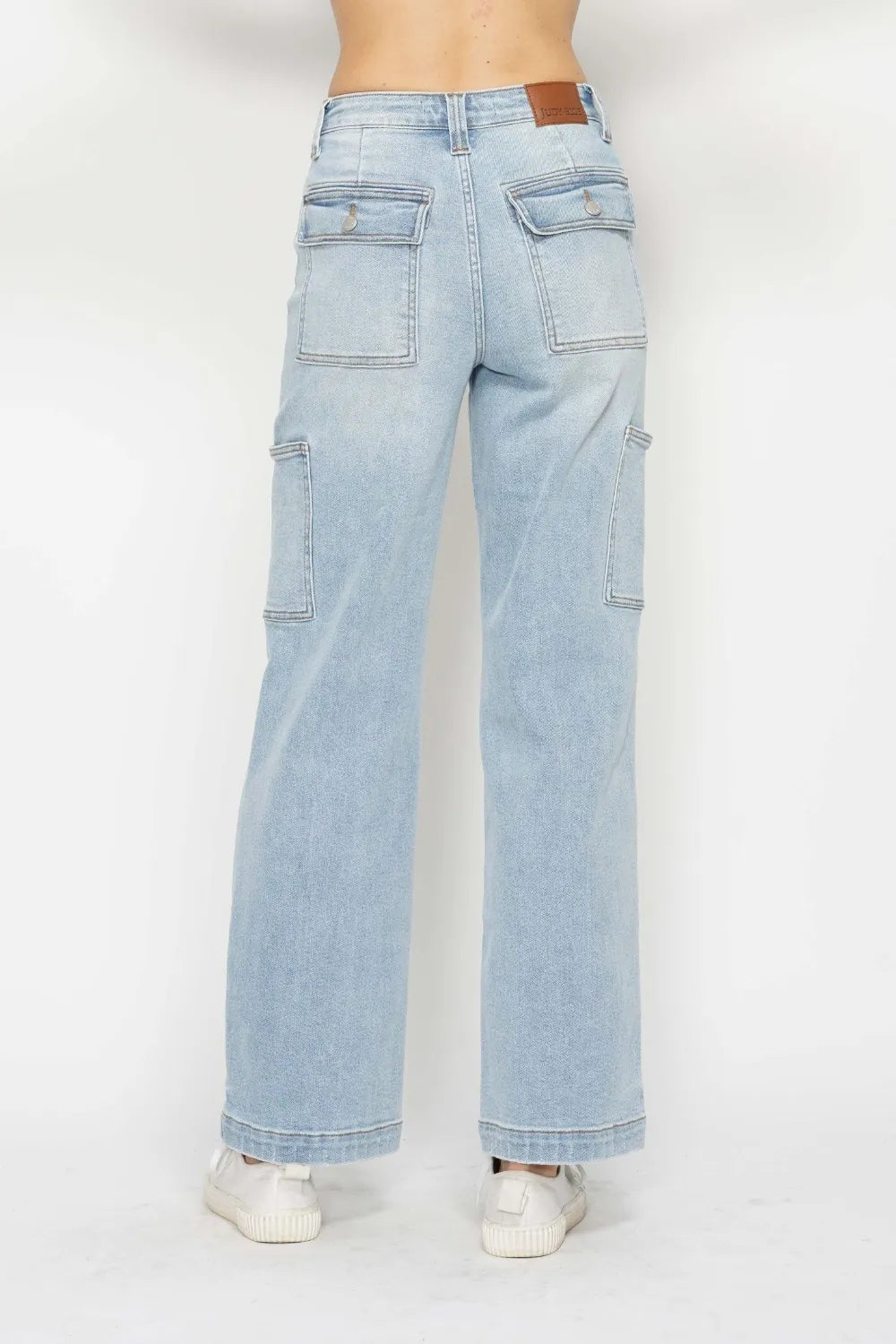 Light blue Judy Blue high waist straight cargo jeans for women, full size, featuring classic pockets and a relaxed fit.