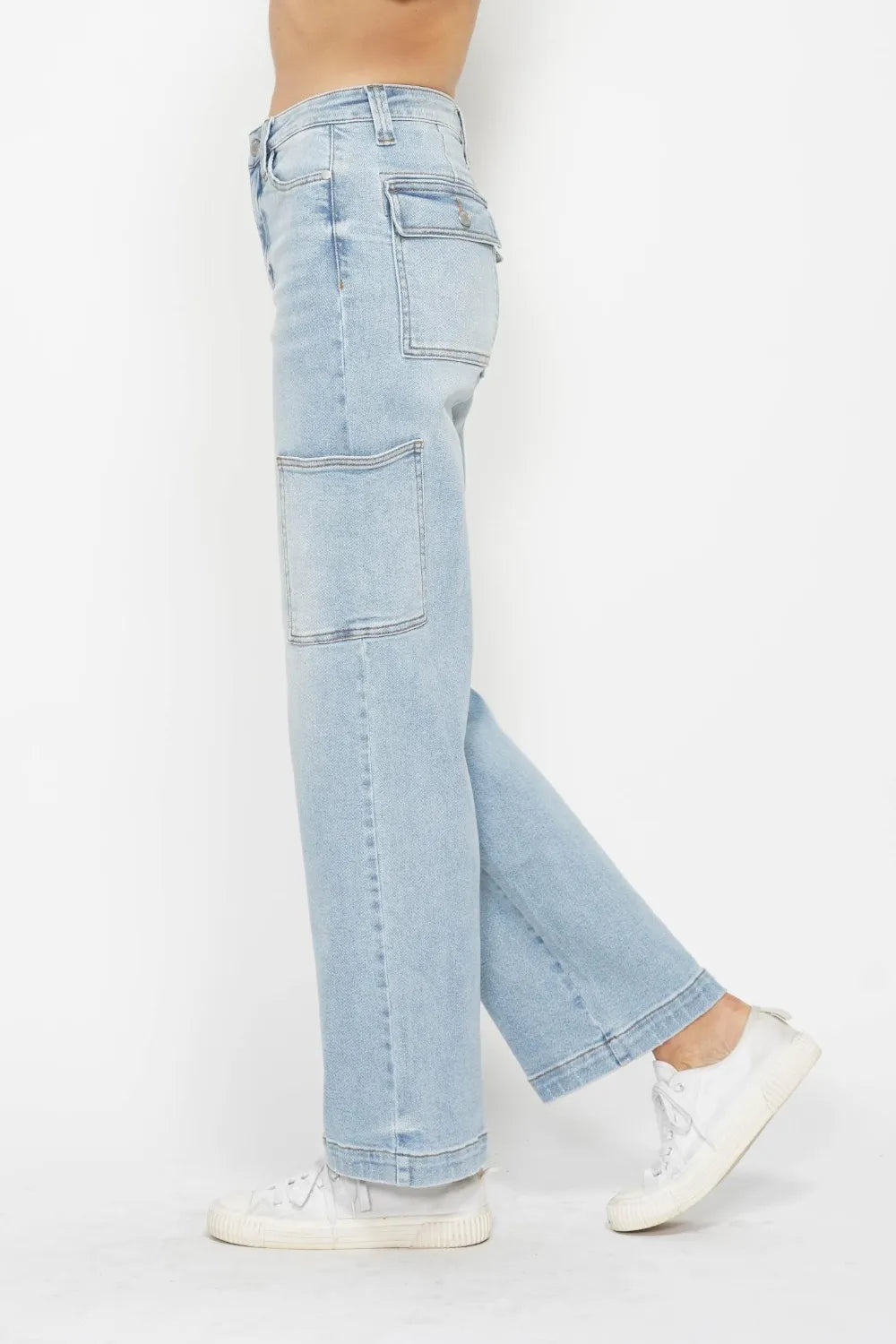Light blue Judy Blue high waist straight cargo jeans with front and back pockets, full size, styled with a casual look.