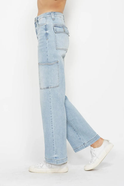 Light blue Judy Blue high waist straight cargo jeans with front and back pockets, full size, styled with a casual look.