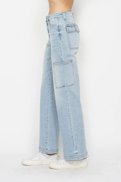 Light blue Judy Blue high waist straight cargo jeans with pockets, full size, stylish and comfortable for casual wear.