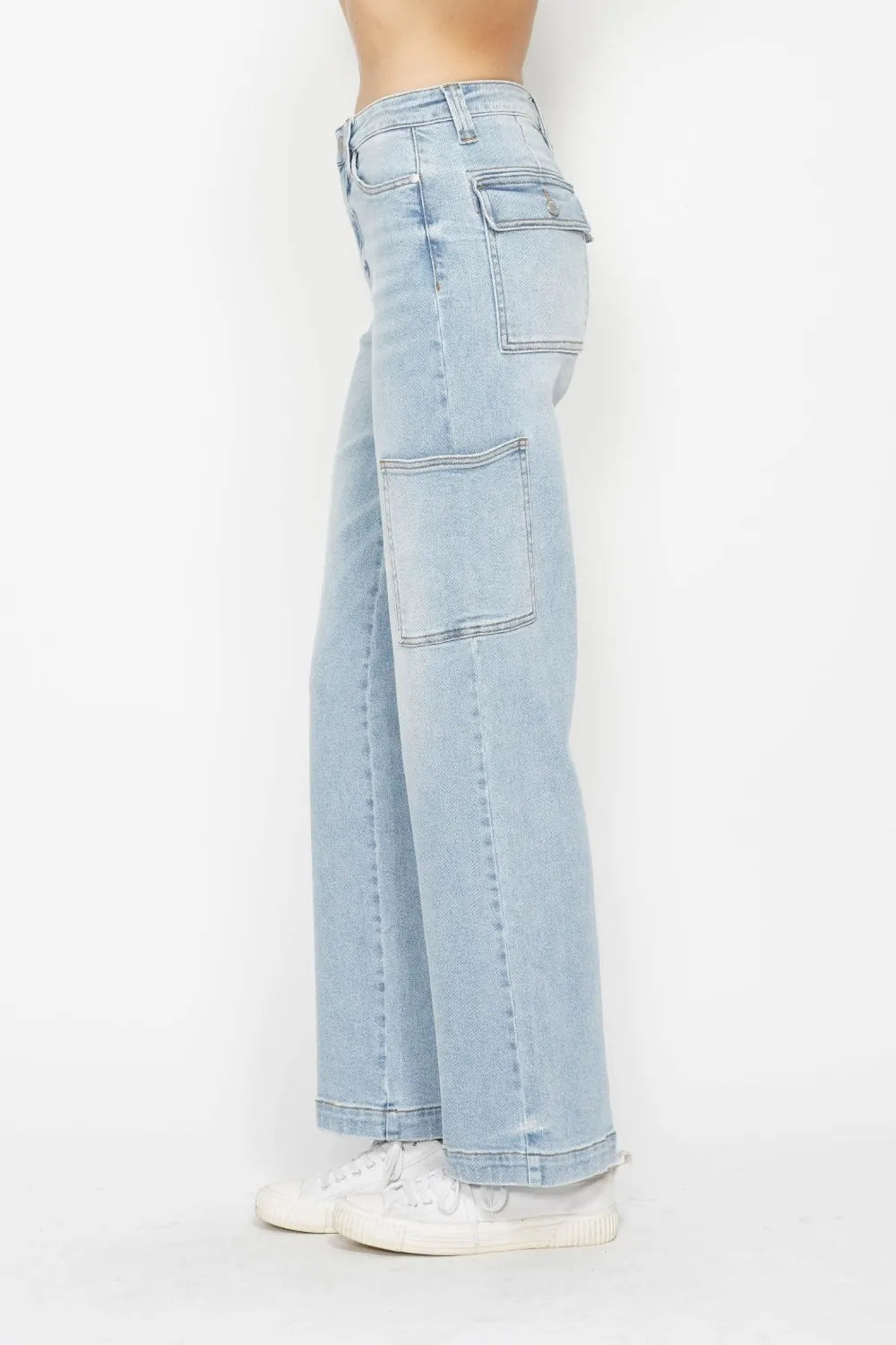 Light blue Judy Blue high waist straight cargo jeans with multiple pockets and classic denim styling.