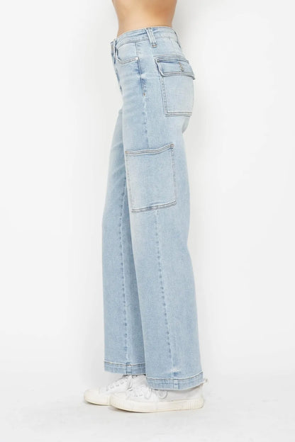 Light blue Judy Blue high waist straight cargo jeans with multiple pockets and classic denim styling.