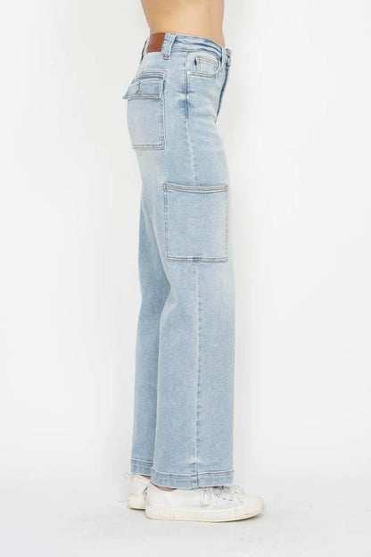 Light blue Judy Blue high waist straight cargo jeans for women, full size, with classic pockets and relaxed fit.