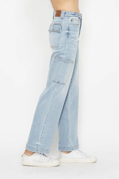 Light-wash Judy Blue high waist straight cargo jeans with belt loops and multiple pockets, full-length for women.