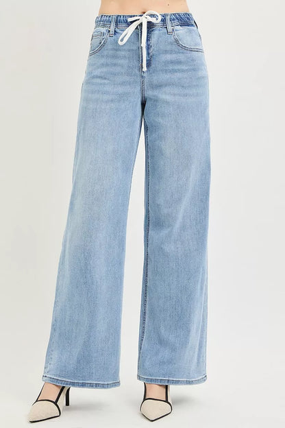 Light-colored RISEN elastic band slouchy wide jeans with drawstring, casual relaxed fit, by Trendsi.