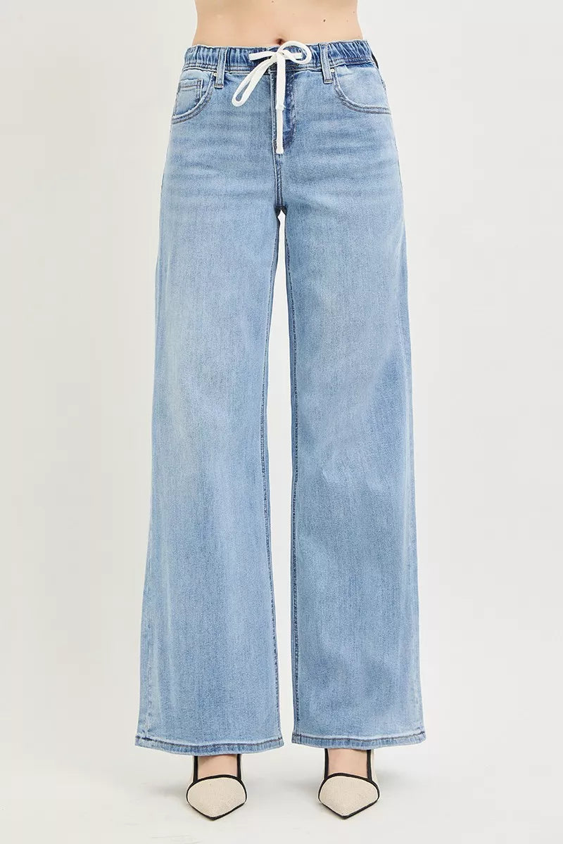Light blue RISEN elastic band slouchy wide jeans with drawstring, casual and comfortable denim pants by Trendsi.