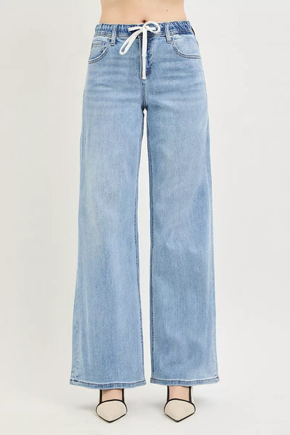 Light blue RISEN elastic band slouchy wide jeans with drawstring, casual and comfortable denim pants by Trendsi.