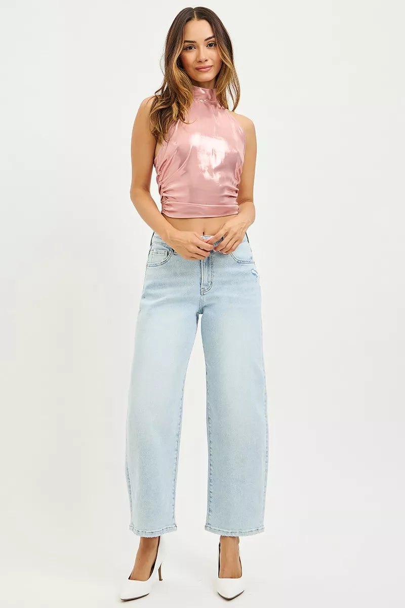 Light blue Risen high-rise crop barrel jeans from Trendsi, showing the relaxed fit and classic denim style.